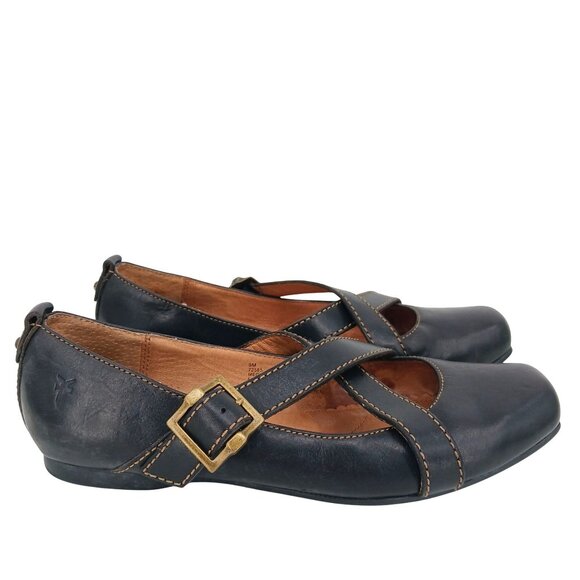 Frye Megan Criss Cross Mary Jane Flats 9M Black Leather - Picture 2 of 16